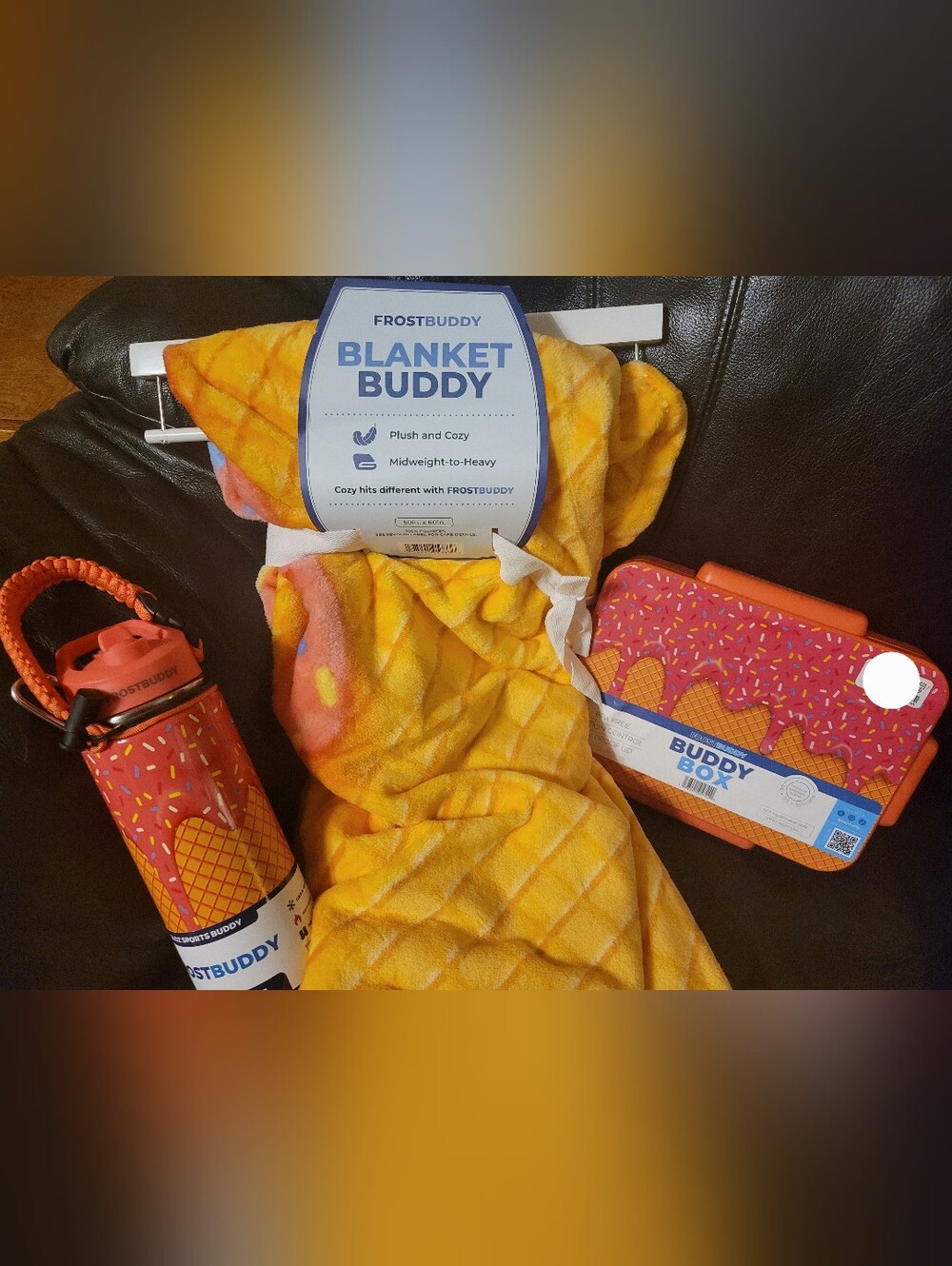 FrostBuddy Blanket Buddy Set Blanket Water Bottle Lunch Box Pink Ice Crram Drip